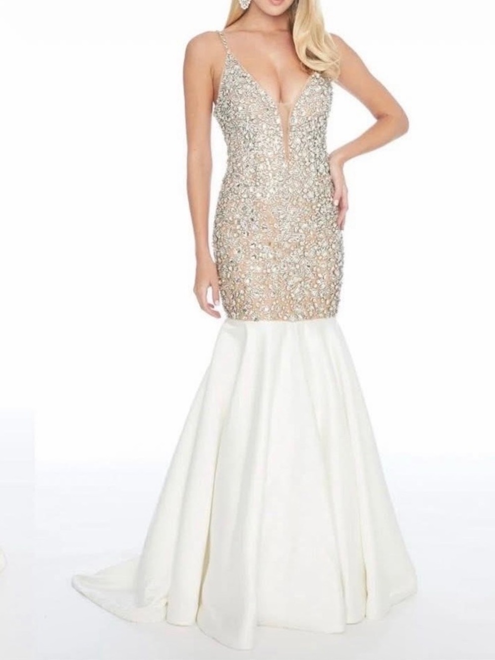 Ashley Lauren Silver Beaded and White Mermaid Prom pageants gown dress